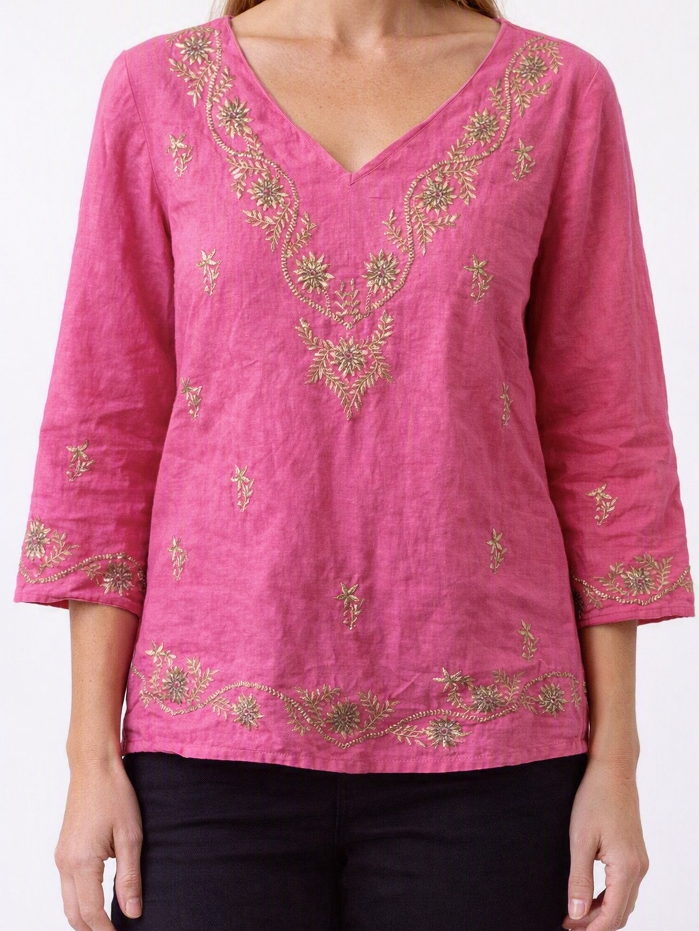 Richard Malcom Petite large Embroidered pink V-Neck Irish Linen Top 3/4 sleeve-